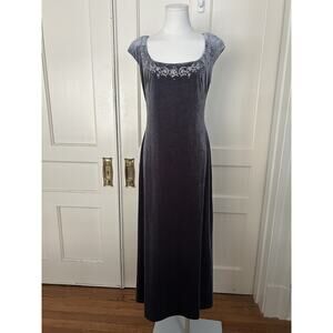 Vintage Phoebe Embroidered Velvet Maxi Dress Womens Size 6 Gray Classic Whimsy